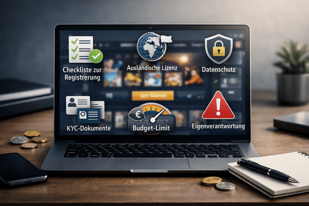 Modernes Infografik-Foto zum Thema Casino ohne LUGAS 2026: Aufgeräumter Schreibtisch mit Laptop, Smartphone, Notizblock und Euro-Münzen. Infografik-Overlay zeigt Checkliste zur Registrierung, Symbol für ausländische Lizenz, Datenschutz-Schloss, Budget-Limit, KYC-Dokumente und Warnsymbol für Eigenverantwortung. Seriöse Farbwelt in Blau, Grau, Weiß mit goldenen und roten Akzenten, journalistischer Ratgeber-Stil, neutral und informativ.