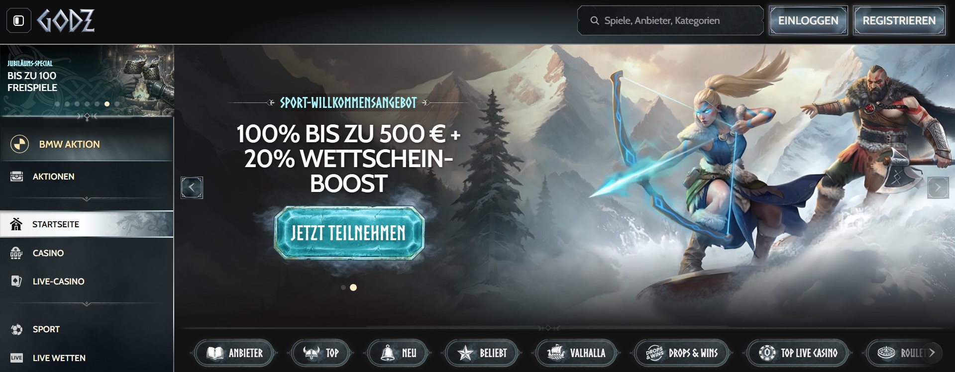 Hero-Bild mit nordischer Fantasy-Atmosphäre, zwei Kriegern in verschneiter Berglandschaft und Casino ohe LUGAS Navigation, inklusive Sportwetten-Angebot und klarer Benutzeroberfläche.