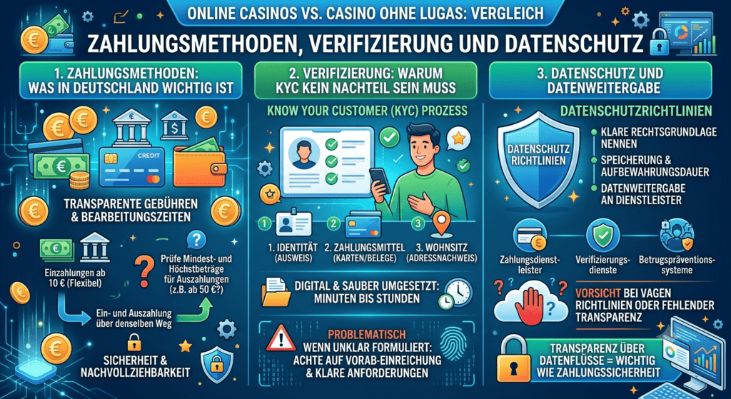 Infografik vergleicht lizenzierte und nicht lizenzierte Online-Casinos, zeigt Zahlungsarten, Verifizierungsprozesse und Datenschutzaspekte; warnt vor Risiken bei Casino ohne LUGAS und unklaren Regeln.