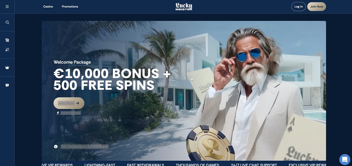 Luxuriöse Villa mit Pool und stilvollem Mann im Anzug vor Palmen, beworbenes Casino ohe LUGAS mit exklusivem Willkommenspaket, Bonusangeboten und VIP-Rewards für Spieler, die schnelle Auszahlungen und tausende Spiele suchen.