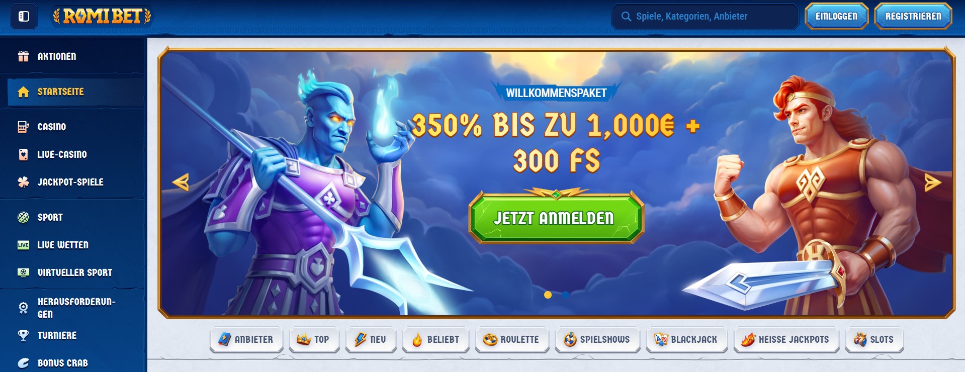Startseite von ROMIBET mit Willkommensangebot, Casino ohe LUGAS Bonusaktion, Fantasy-Krieger-Illustrationen und Navigation zu Casino, Sportwetten und Jackpot-Spielen.